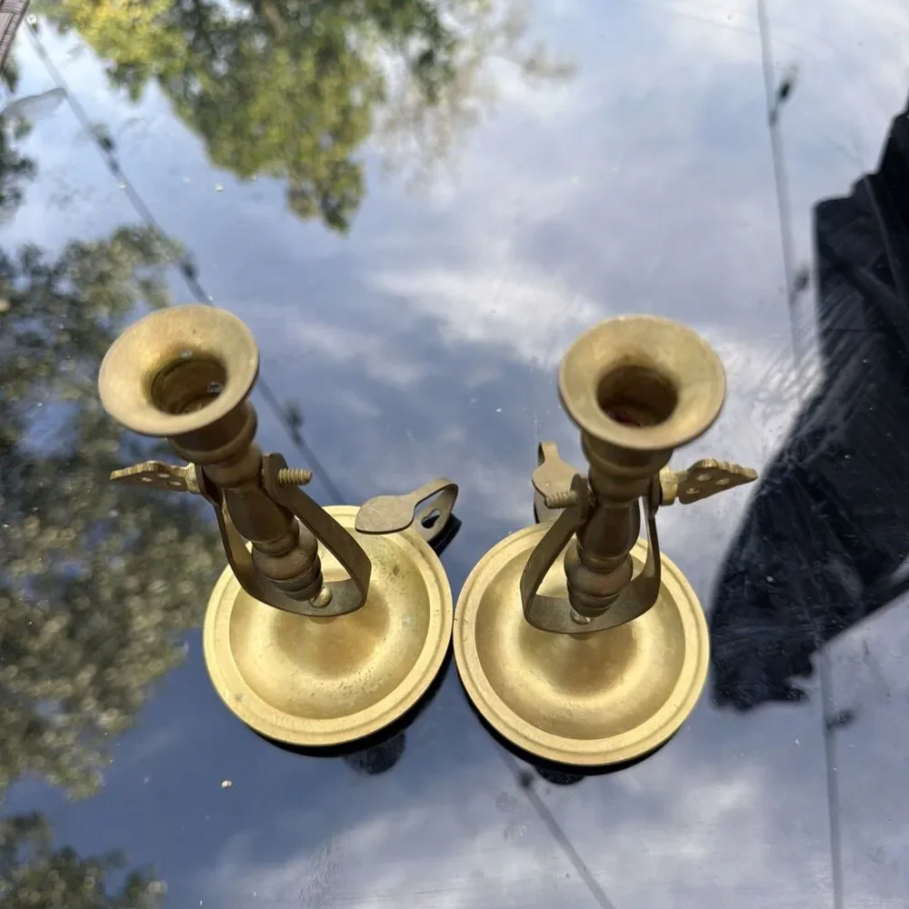 Vintage Pair 2 Brass Gimbal Swivel Nautical Ships Chamberstick Candle Holder 6”
